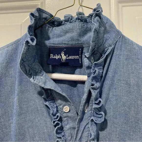 Vintage Ralph Lauren women's ruffled chambray dress mock neck long sleeves S - Picture 5 of 9